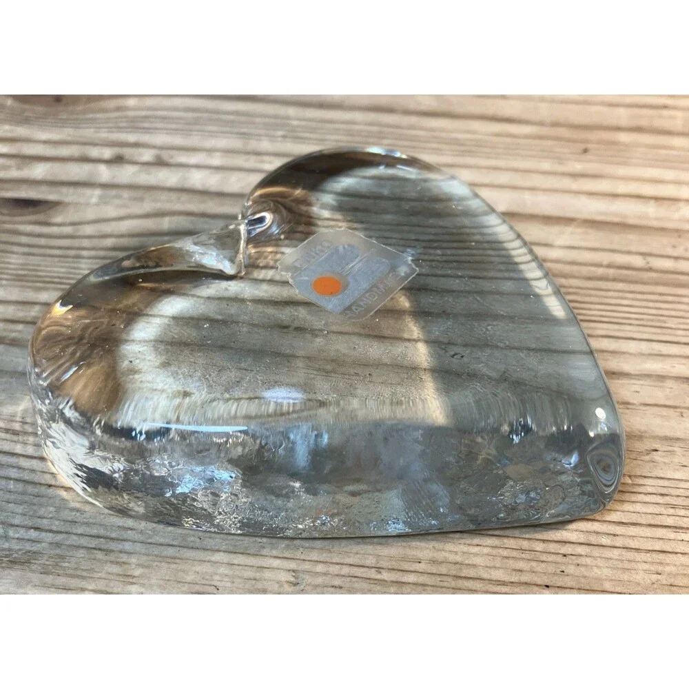 Vintage Blenko Clear Glass Heart Shaped Paperweight With Original Sticker